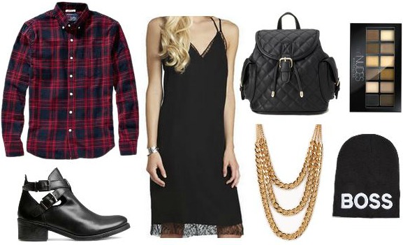 LBD, flannel shirt, booties