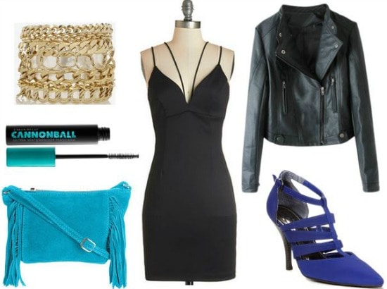 LBD, leather jacket, pointy toe pumps