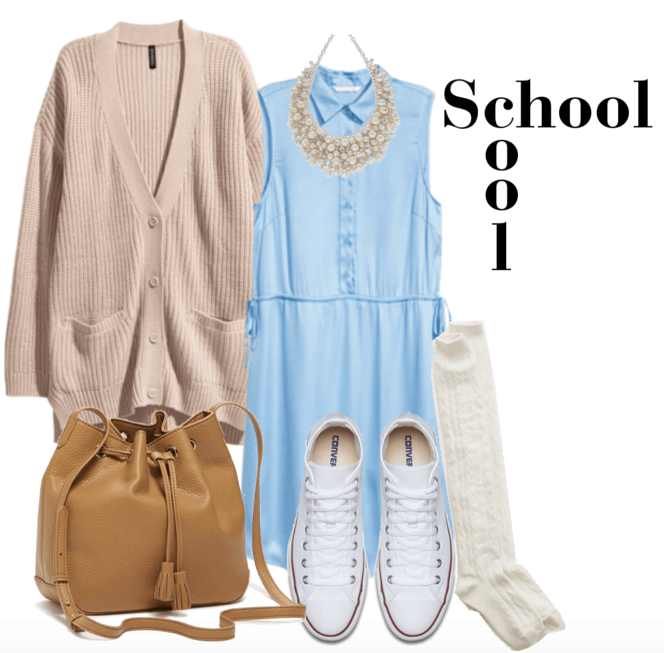 Outfit for class including light blue satin dress, oversized cardigan, tan bucket bag, knee high socks, converse and pearl necklace. Casual look.