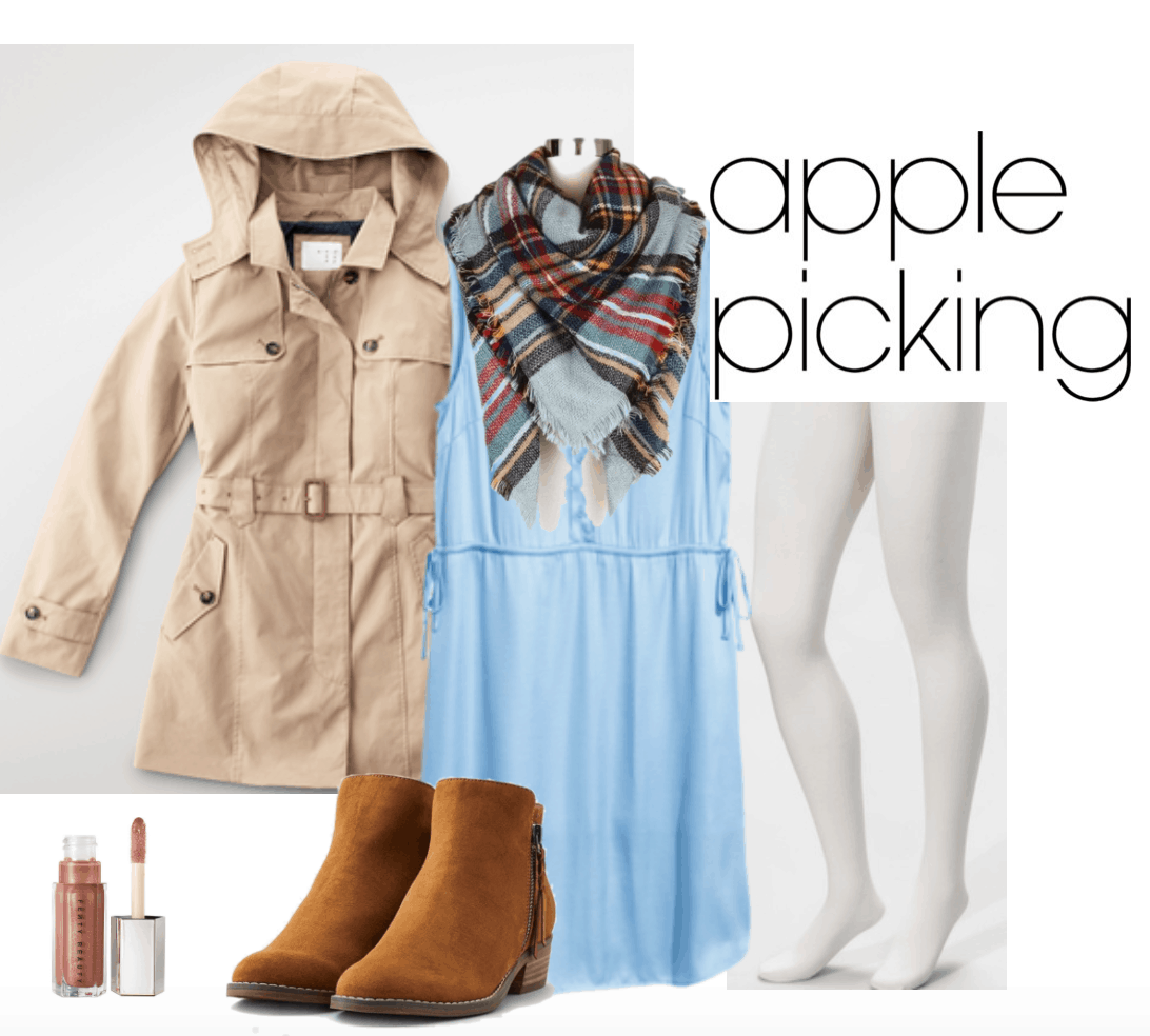 Satin blue dress outfit 3 for apple picking. Includes plaid scarf, tan short trench coat, sheer tights, brown boots, Fenty lip luminizer