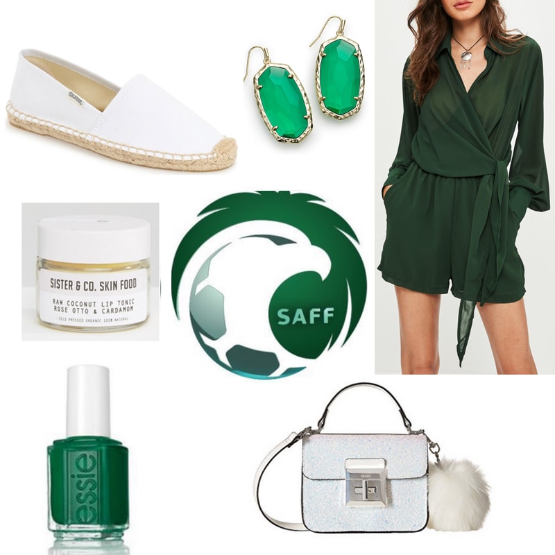 Saudi Arabia world cup inspired outfit: White espadrilles, green romper, green and gold earrings, green nail polish, white bag