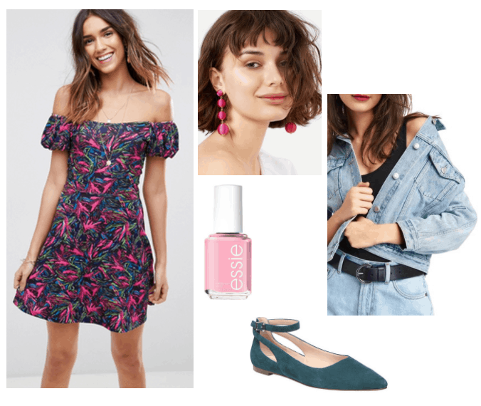 Outfit inspired by Essie's 90s nail polish collection: Saved by the Bell inspired look with off the shoulder dress, green ballet flats, pink statement earrings, oversized jean jacket