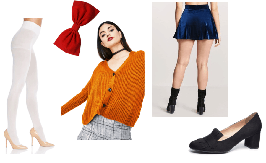 Doki Doki Literature Club Sayori Outfit Inspiration: Blue Velvet Skirt, Orange Button-Up Cardigan, White Tights, Red Bow and Suede Loafer Heels