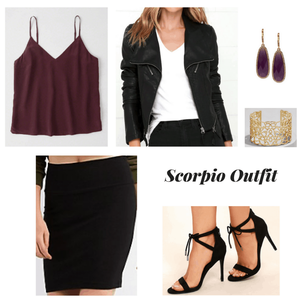 astrology Scorpio inspired outfit with a dark red silk camisole, black motorcycle jacket, black bodycon skirt, strappy black heels, deep purple drop earrings, gold cuff bracelet