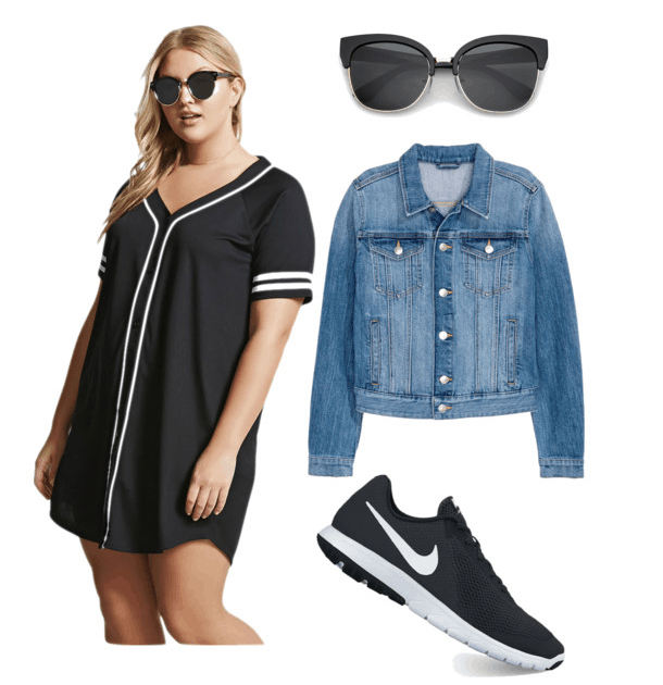 women in dress with jacket sneakers and sunglasses