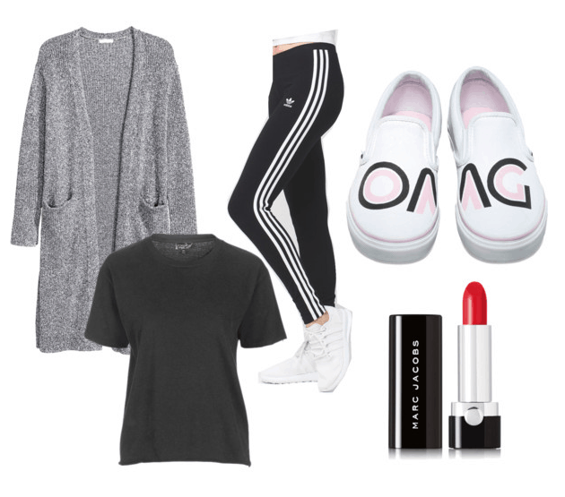 photoset of shirt, sweater, sneakers, lipstick