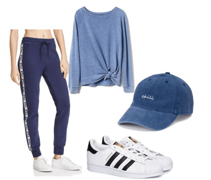 photoset of sweatpants, sneakers, cap, sweater