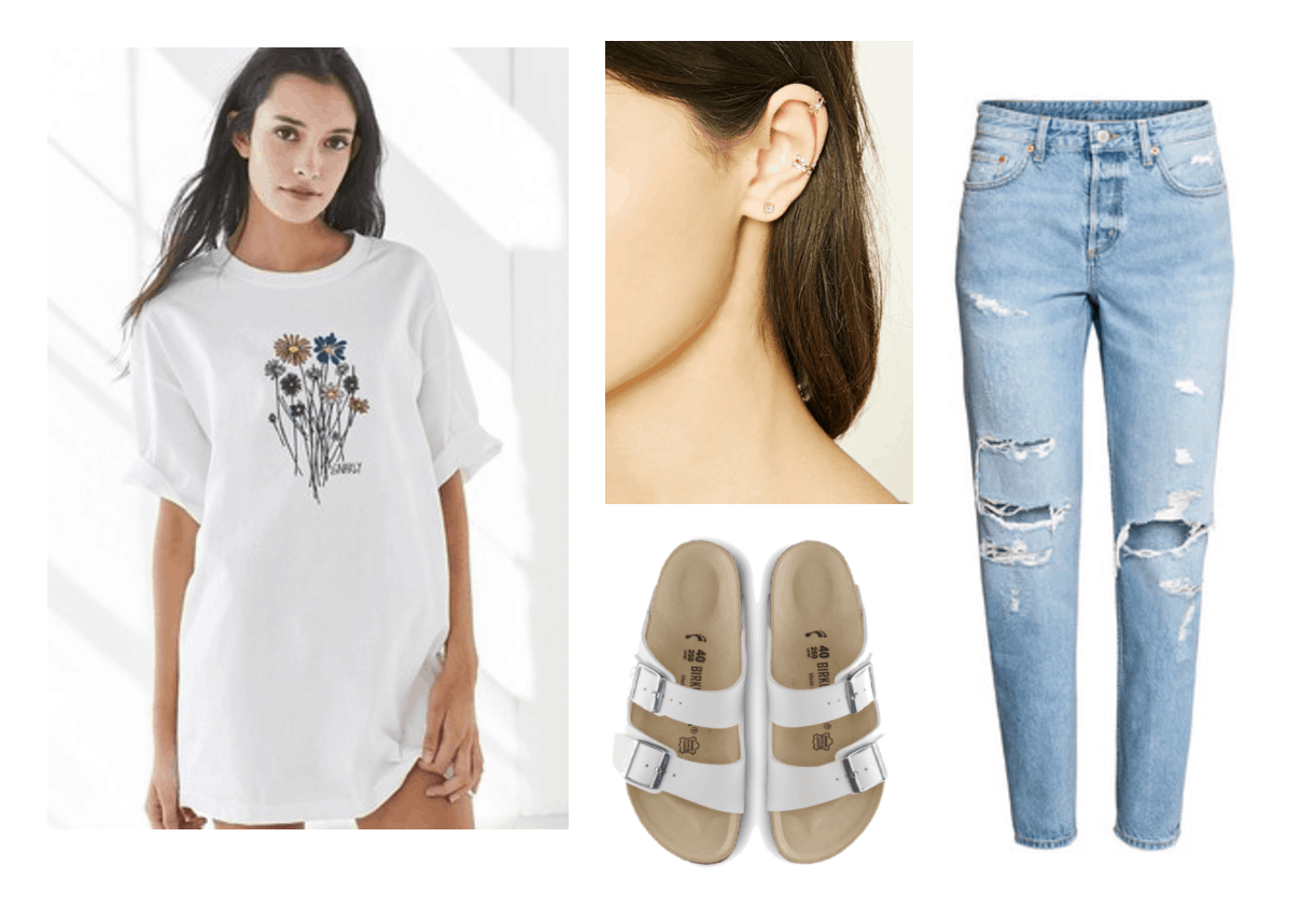 Outfit inspired by Seventeen's Don't Wanna Cry music video: Kpop fashion inspiration. Oversized white tee shirt with flower bouquet graphic, white Birkenstock Arizona sandals, ripped mom jeans, ear jacket