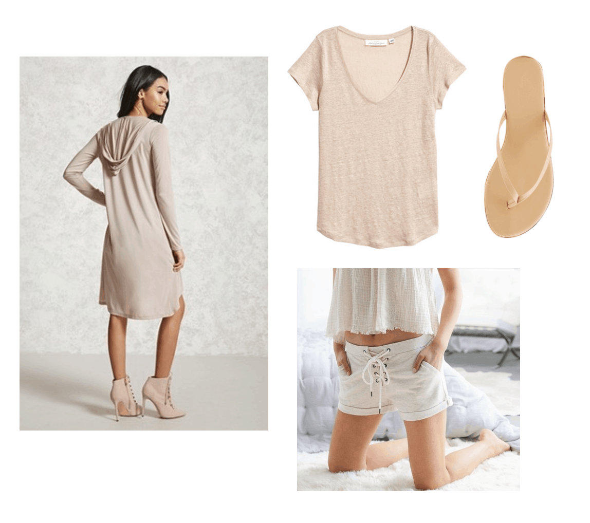 Outfit inspired by Seventeen's Don't Wanna Cry music video: Kpop fashion inspiration. Neutral outfit including beige lace-up shorts, flip flops, beige tee shirt, beige knee length hooded cardigan
