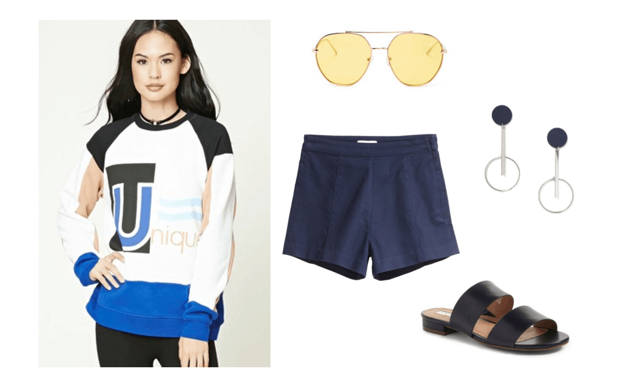 Cute outfit idea: Graphic long sleeve tee shirt, navy short shorts, clear yellow aviators, wide strap black sandals. K-pop fashion inspired by Mamamoo yes I am