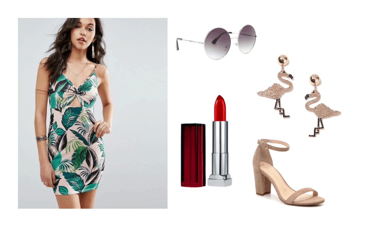 Cute summer outfit idea: Palm tree print dress in green and pink, round sunglasses, red lipstick, nude high heels, flamingo earrings. K-pop fashion inspired by MAMAMOO Yes I Am video.