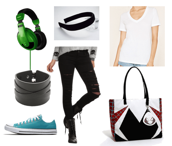 Gwen Stacy style: Outfit inspired by Spider-Gwen and Gwen Stacy with ripped black jeans, white v-neck tee shirt, blue converse, green headphones, and Spider Man accessories