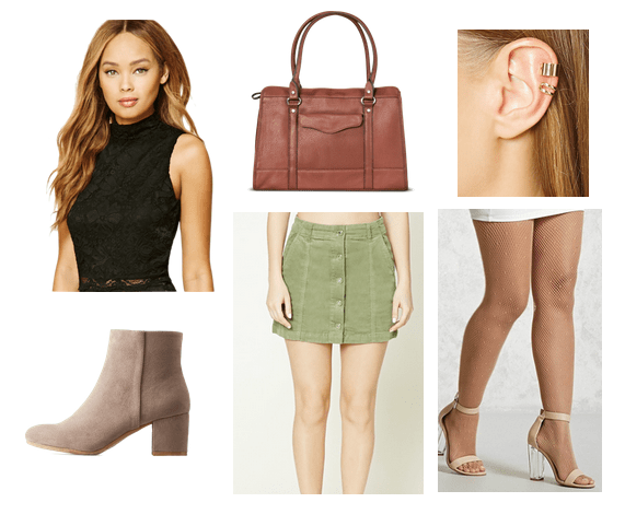 Spider man Mary Jane style: Outfit inspired by Mary-Jane from Spiderman featuring green button-front skirt, high neck tank, brown handbag, nude heels, cuff earrings