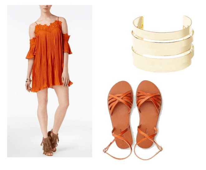 Proenza Schouler Spring 2018 look for less: Orange dress, orange sandals, chunky gold cuff bracelet