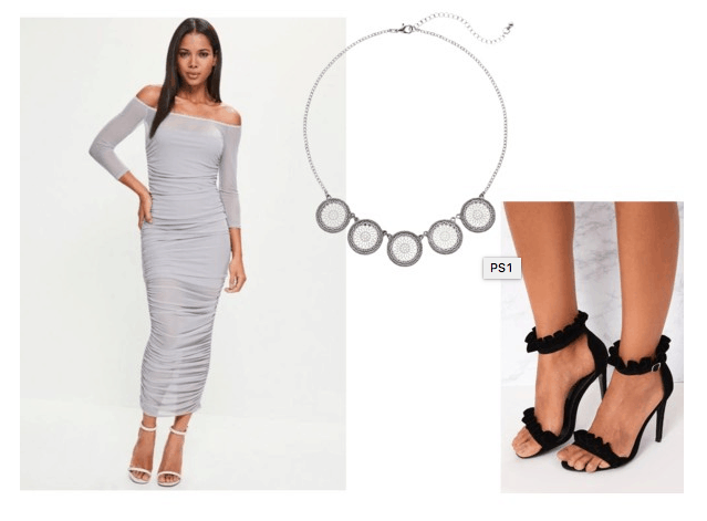 Proenza Schouler Spring 2018 look for less: Gray off-the-shoulder maxi dress, circle statement necklace, black ruffle strappy heels