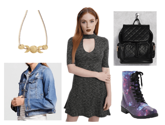 Futuristic outfit idea inspired by the book Cinder, a new age fairy tale with a dystopian plot. Outfit idea with dark gray choker neck mini dress with 3/4 sleeves, black quilted backpack, galaxy print lace up boots, denim jacket, gold planetary necklace