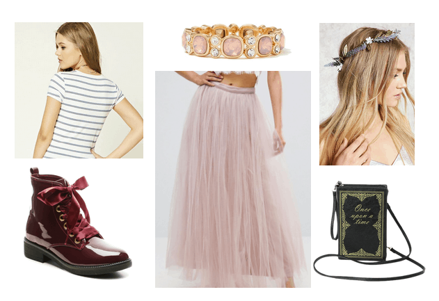 Outfit inspired by Anne with an E: Striped tee shirt, tulle skirt in pink, flower crown, jeweled bracelet, shiny burgundy combat boots, book purse