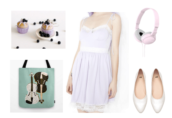 Pretty pastel outfit idea inspired by Your Lie in April - includes lavender spaghetti strap dress, white flats, music bag, pink headphones