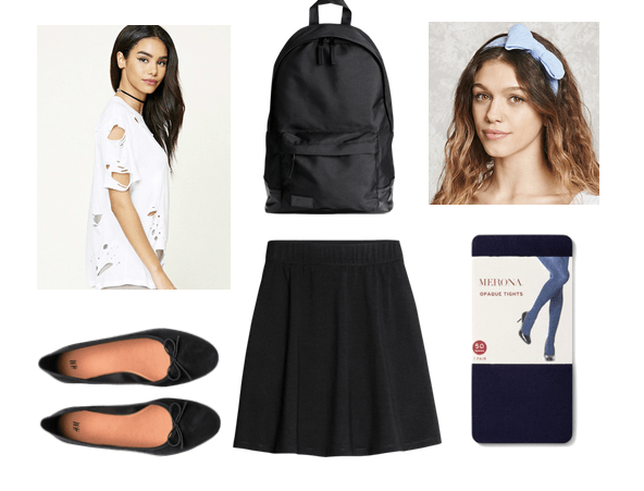 Fashion inspired by the book Battle Royale: Outfit inspired by the novel including schoolgirl vibes with an edge. Mix a black circle skirt with a ripped white tee shirt, black tights, ballet flats, a black backpack and a baby blue hair bow