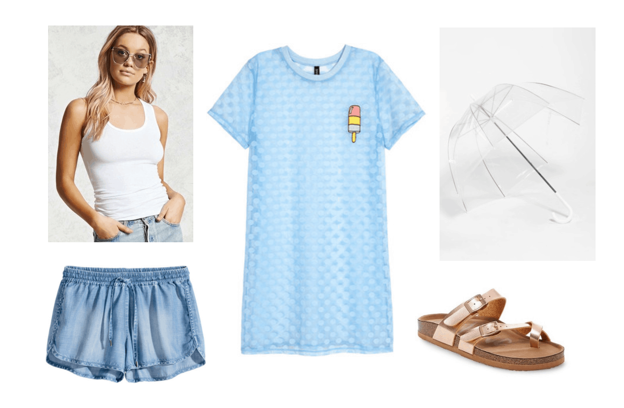 What to wear on a rainy day in summer: Rainy day outfit idea with blue oversized tee shirt with popsicle graphic, white tank top, chambray shorts, rose gold footbed sandals, clear umbrella