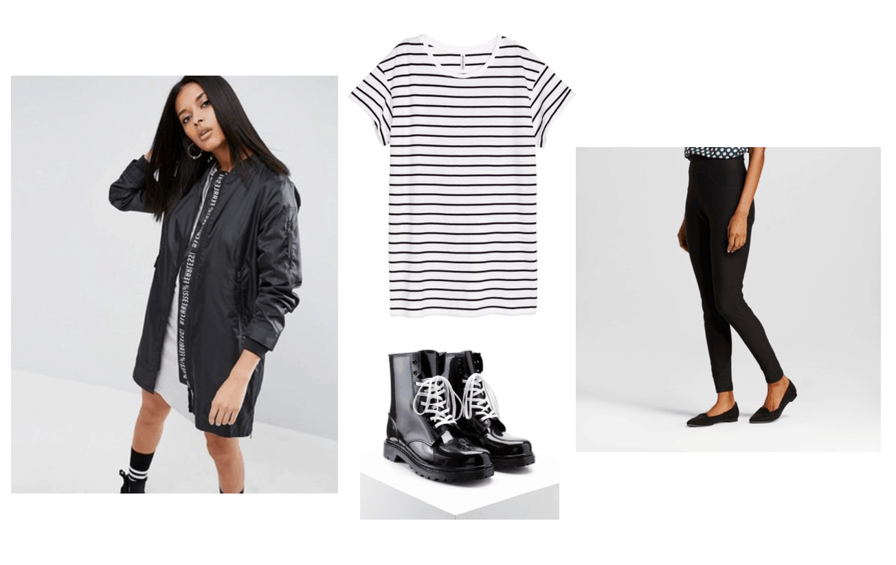 What to wear on a rainy day in summer: Rainy day outfit idea with striped black and white tee shirt, black leggings, black edgy rain jacket, waterproof lace-up boots in black