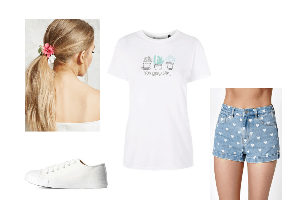 What to wear on a rainy day in summer: Rainy day outfit idea with printed denim shorts with white hearts, tee shirt with a You Grow Girl graphic, floral ponytail holder, white sneakers