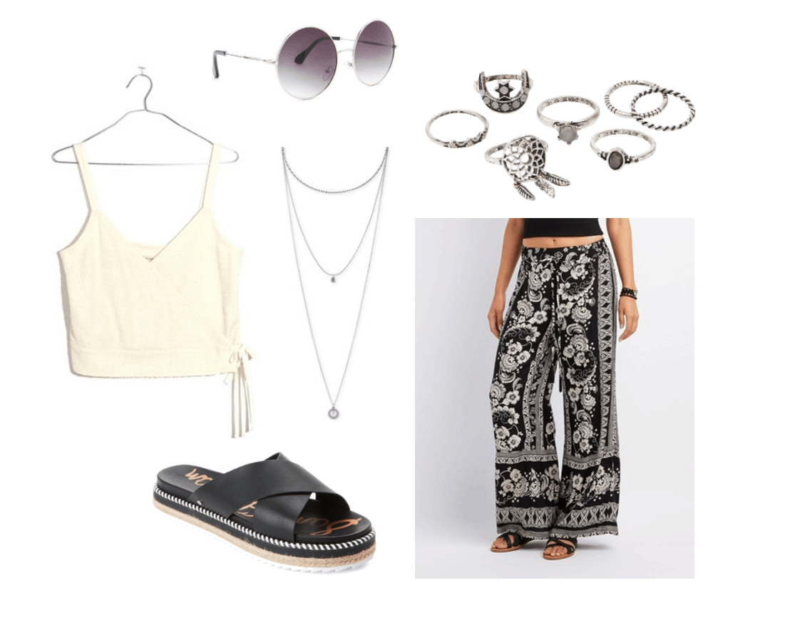 Girls Generation Party Music Video fashion - Summer outfit inspired by the music video with patterned pants, black sandals, tie front crop top, layered necklaces, silver rings, and round sunglasses