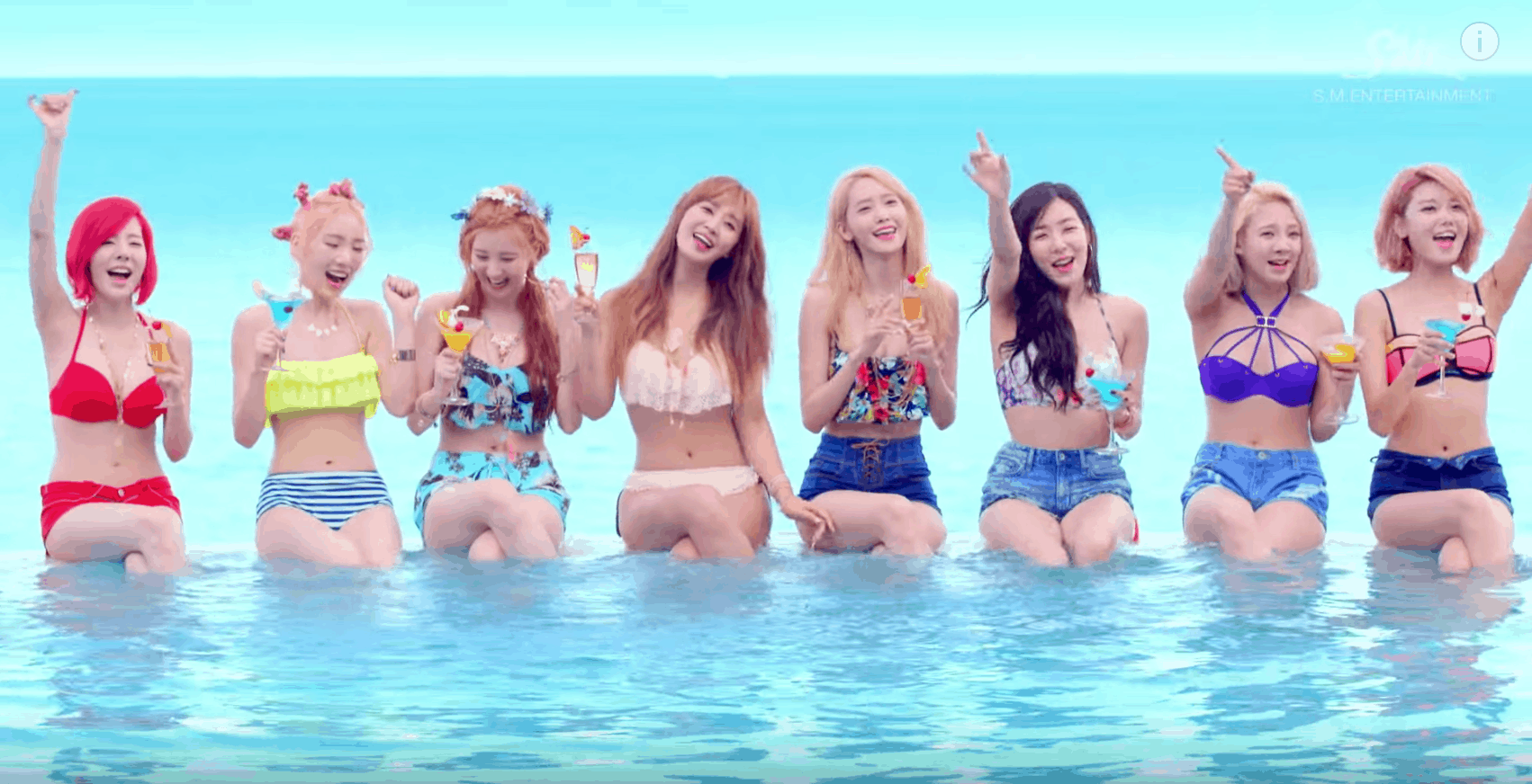 Girls Generation Party Music Video - picture of the girls wearing bikinis by the pool