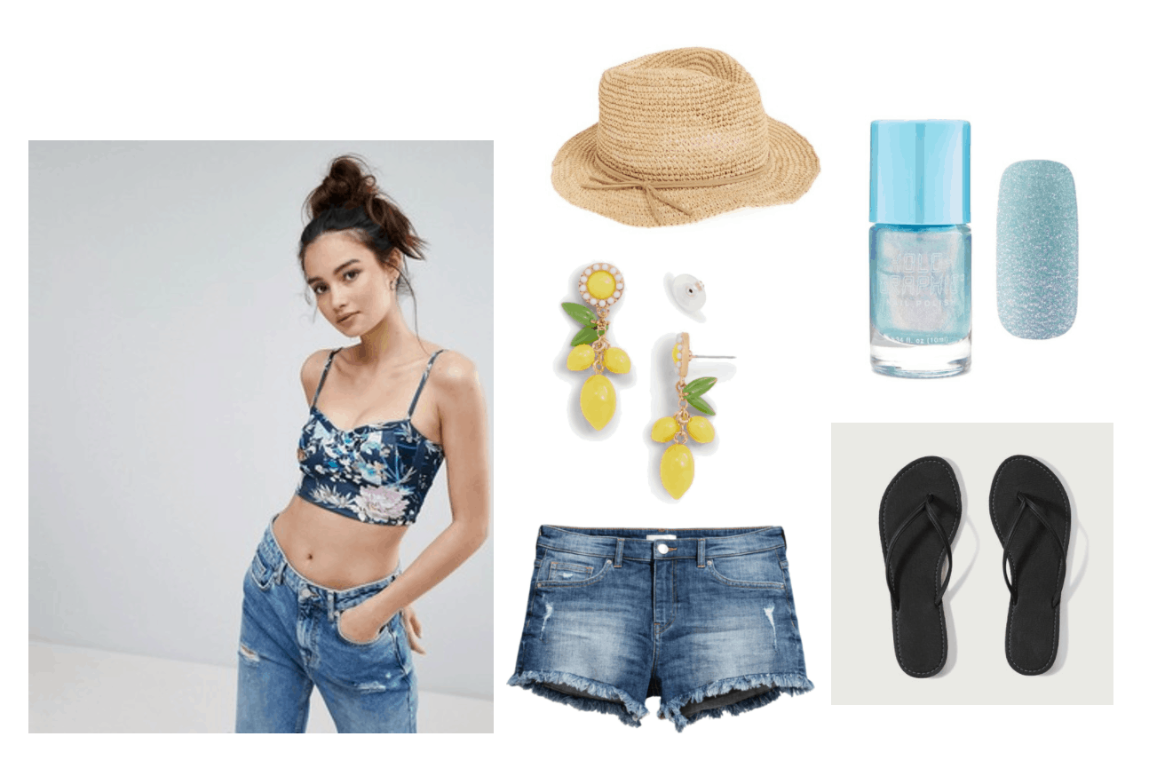 Girls Generation Party video fashion: Summer outfit idea with cutoff jean shorts, black flip flops, floral crop top, lemon earrings, straw fedora, metallic blue nail polish