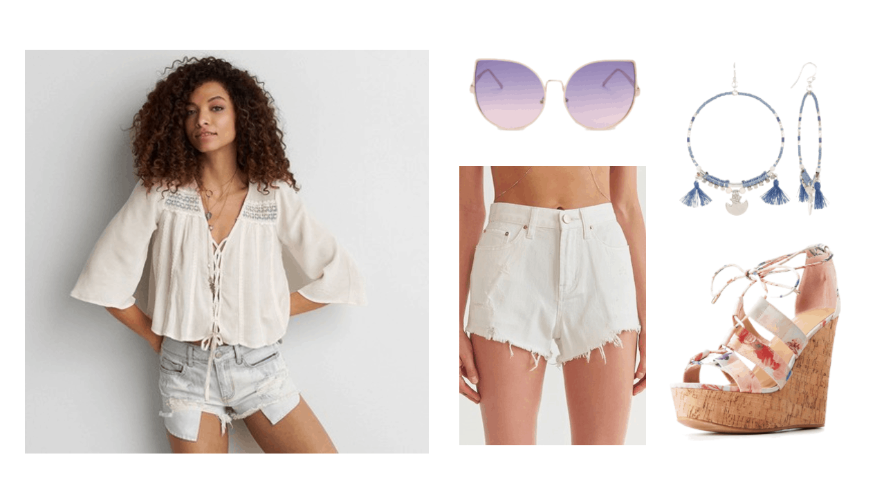 Girls Generation Party Music Video fashion - Summer outfit idea with white cutoff denim shorts, white and floral cork wedges, tassel hoop earrings in blue, purple cat eye sunglasses, beige peasant blouse