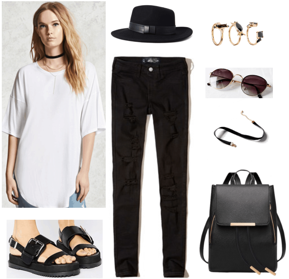 Lollapalooza Outfit: Indie Girl outfit with oversized white tee shirt, black skinny jeans, black platform sandals, black backpack, black fedora, layered gold rings, choker