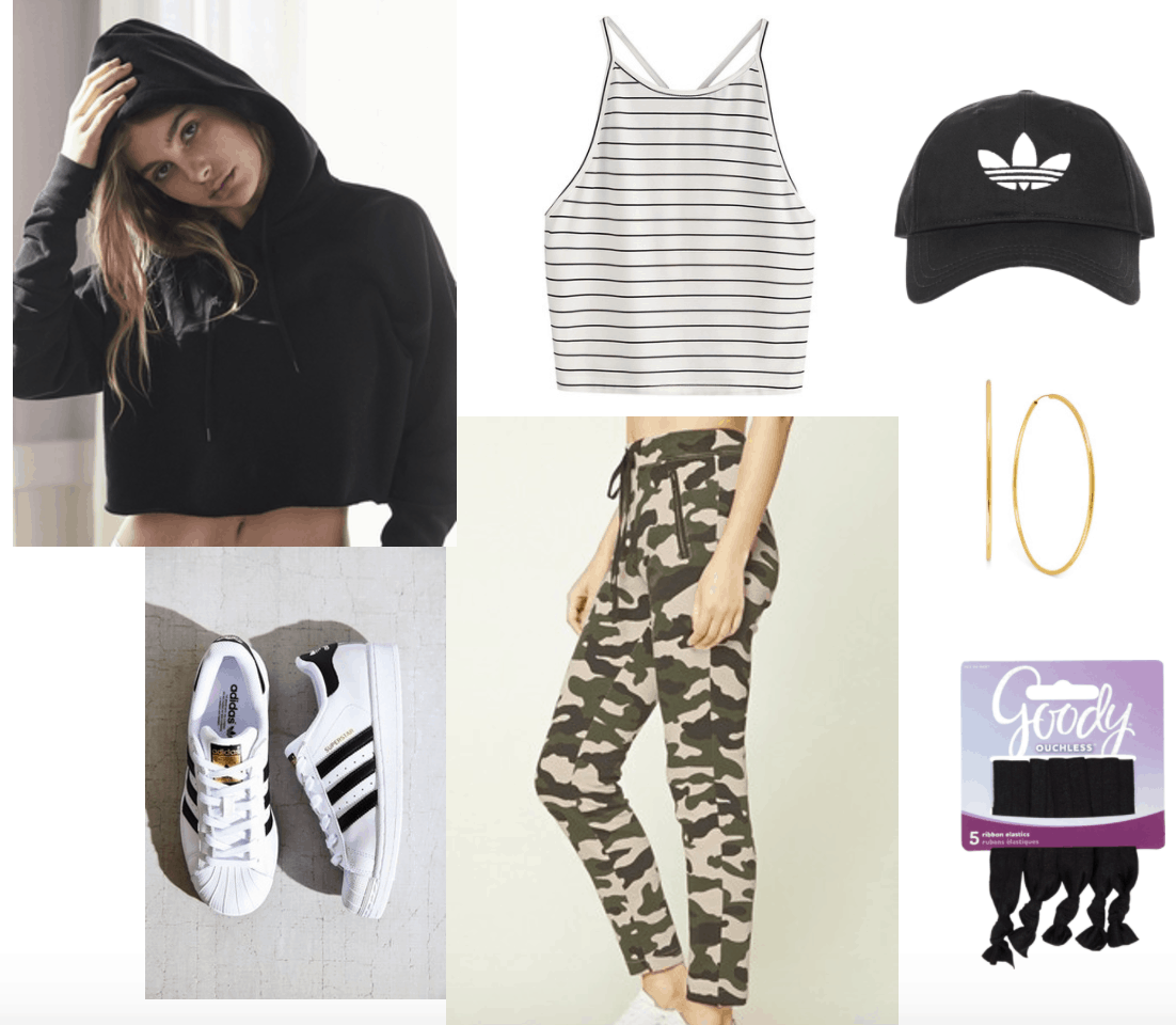 Lollapalooza hip-hop/rap outfit: Striped crop top, camo print joggers, black and white Adidas Superstars, adidas hat, hoop earrings, cropped black hoodie