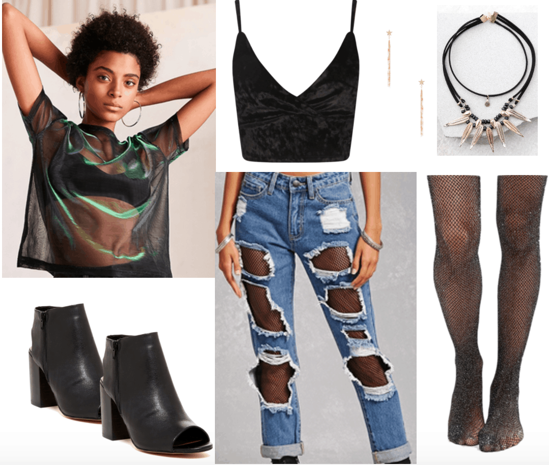 Lollapalooza Outfit 3 - Dance/EDM: Black velvet crop top, ripped jeans over fishnet tights, high heel ankle boots, sheer holographic tee in black, spike choker necklace