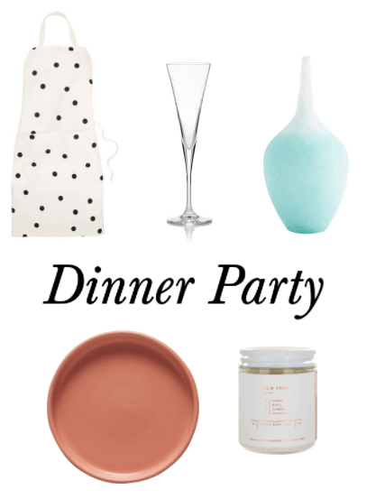 Dinner party hostess gift ideas: Polka dot apron, champagne flutes, pretty blue ombré vase, serving platter, scented candle