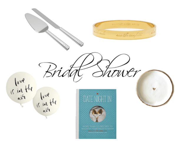 Bridal shower gifts: Cake serving set, Bridal bangle by Kate Spade, Love is in the Air balloons, Date Night In cookbook, ring dish