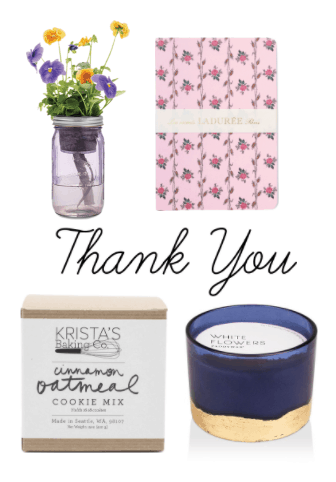 Classy gift ideas: Thank you gifts - vase of flowers, pretty journal, oatmeal cinnamon cookie mix, white flowers candle