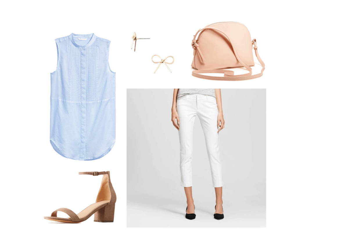 Outfit idea for a brunch date: Blue sleeveless tunic top with buttons, white trousers, low heel nude shoes, rose colored crossbody bag, bow earrings in gold