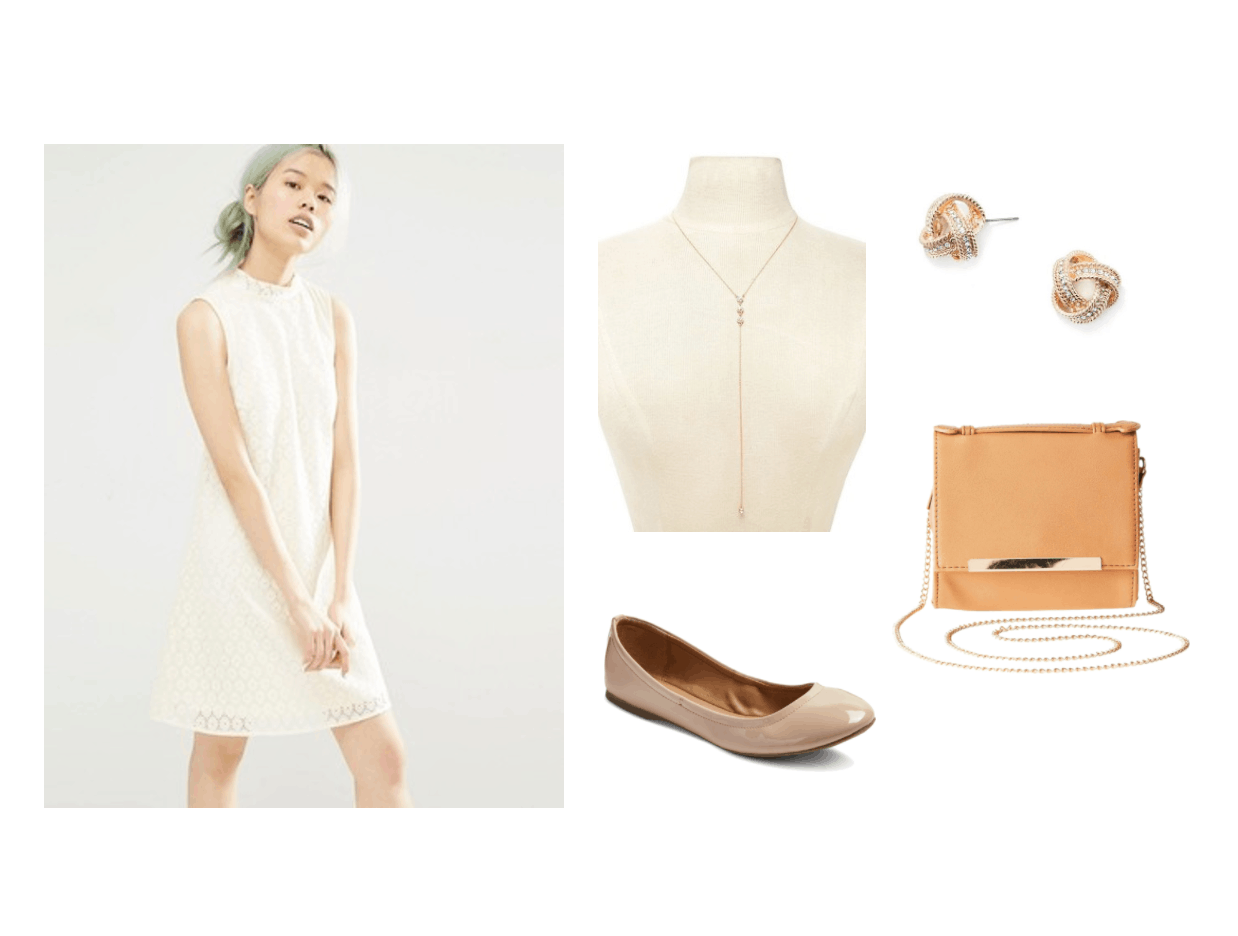 Museum date outfit: White sleeveless shift dress, long thin gold necklace, orange crossbody bag, nude patent flats, simple stud earrings