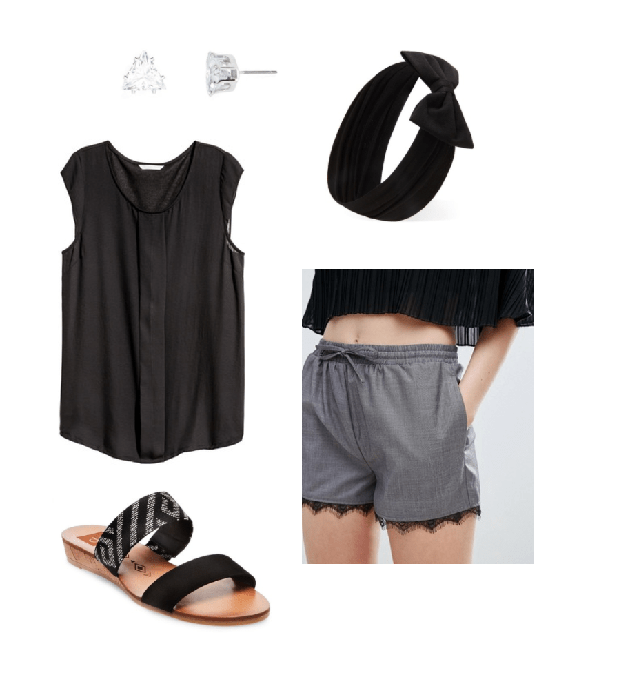 Date night in: What to wear to watch Netflix and cook dinner with your boyfriend or girlfriend. Black button-down tee shirt, bow headband, stud earrings, cute gray and black lace shorts, simple sandals