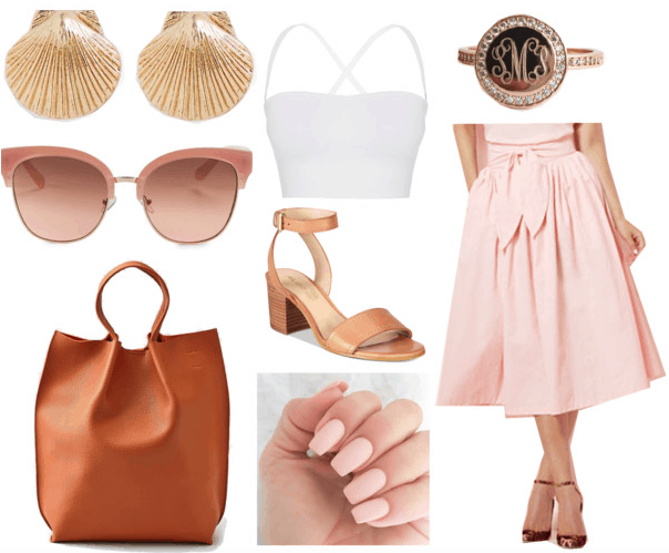 Cuban fashion: Outfit idea inspired by Cuba with romantic pink 1960s skirt, beige sunglasses, white crop top, tan heels, nude matte nails