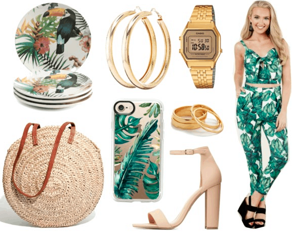 Cuban fashion: Outfit idea inspired by Cuba with palm print pants and top, palm tree print phone case, gold watch and jewelry, woven bag, nude strappy heels