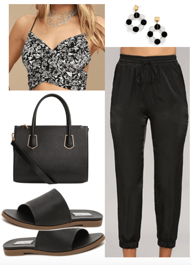 How to Wear Satin Outfit 1: Satin Joggers with criss-cross patterned crop top, statement earrings, black handbag, black slides