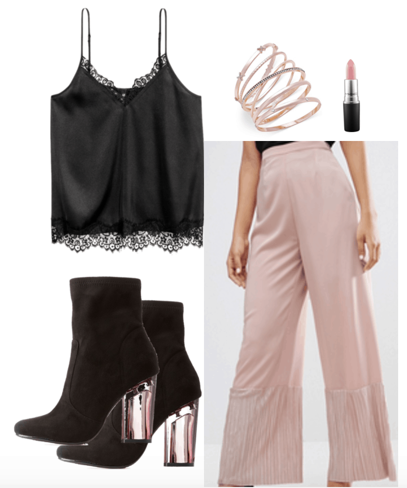 How to Wear Satin - Outfit 2: Fancier Camisole Top. Black cami worn with pink flowing wide leg pants, bangles, pink lipstick, suede booties