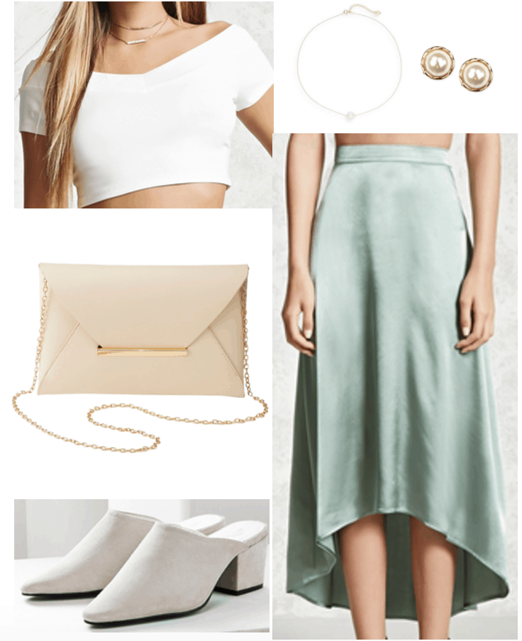 Satin Outfit 3: Fancy satin skirt in mint green with off-the-shoulder crop top in white, nude chain strap envelope bag, pearl earrings, pearl choker, low heel mules in white suede