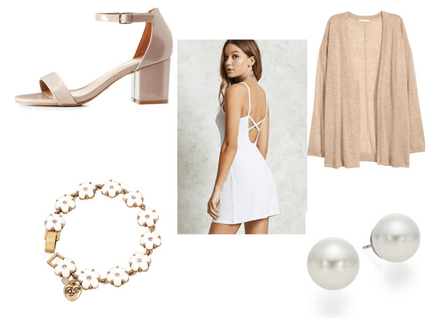 What to wear with tattoos: Simple, girly, and basic outfit with white dress, beige cardigan, nude strappy heels, daisy bracelet, pearl earrings