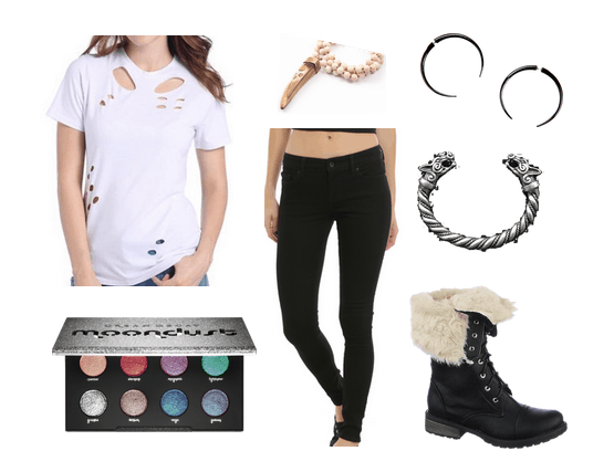 Outfits inspired by Studio Ghibli: Ripped tee shirt, black jeans, black boots, dragon cuff bracelet