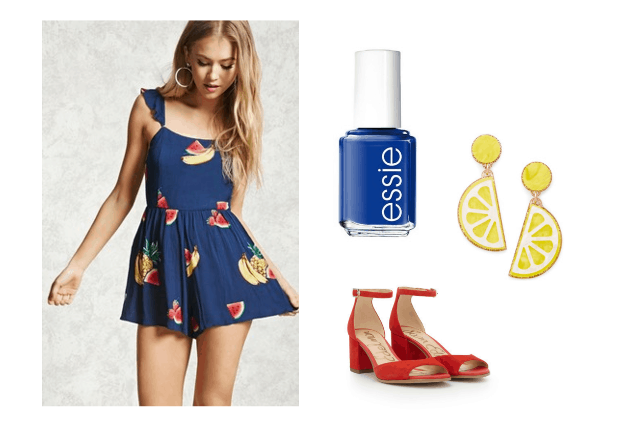 Cute summer outfit idea inspired by Red Flavor music video: Fruit print dress with ruffles, blue nail polish, red sandals, lemon earrings