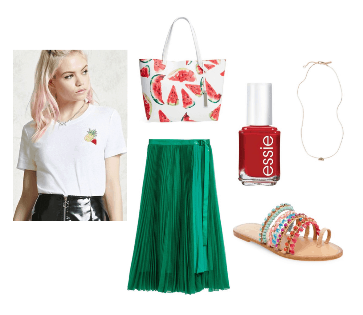 Cute and sweet outfit idea: Green skirt, watermelon tote bag, fruit graphic tee, red nail polish, simple pendant necklace, beaded sandals - Outfit inspired by Red Velvet's Red Flavor music video