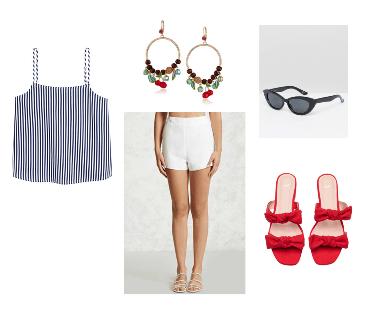 Outfit inspired by Red Velvet's Red Flavor music video: Striped tank, white shorts, red bow sandals, beaded earrings, cat eye sunglasses