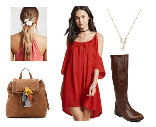 Outfits inspired by Studio Ghibli: Off the shoulder red dress, knee high boots, suede backpack, scissor necklace, floral hair tie